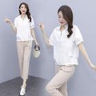 Set: Short Sleeve Stand Collar Open-placket Blouse + Plain Cropped Dress Pants