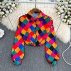 Long Sleeve Diamond Print Shirt Red - One Size