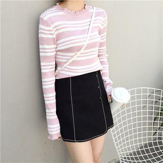 Buttoned Contrast Trim A-line Skirt