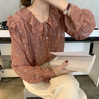 Long-sleeve Floral Print Chiffon Top Pink - One Size