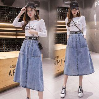 Lettering High-waist Denim Midi A-line Skirt