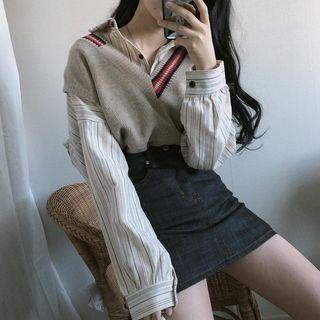 Striped Shirt / Irregular Contrast Trim Knit Vest