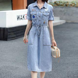 Short-sleeve Washed Midi A-line Denim Shirtdress
