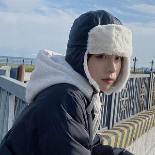 Fleece Lined Faux Leather Trapper Hat Black - M