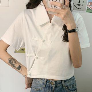 Collared Frog-button Short-sleeve Top