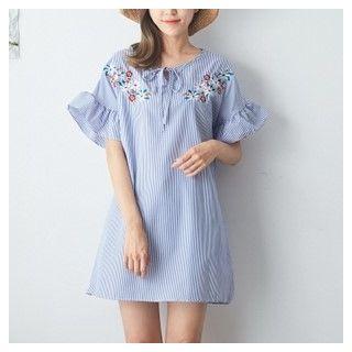 Frilled Short-sleeve Embroidered Shift Dress