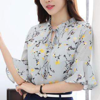 Bell-sleeve 3/4-sleeve Frill Bow Floral Print Loose-fit Chiffon Sheath Top