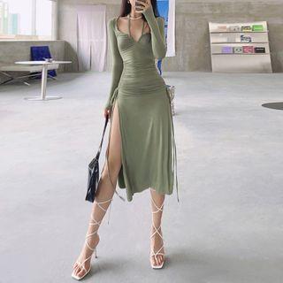 Long-sleeve Slit Midi Dress Green - One Size