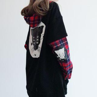 Mock Two-piece Plaid Long-sleeve Hoodie