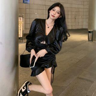 Long-sleeve V-neck Drawstring Cutout Mini Bodycon Dress