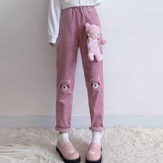 Bear Embroidered Corduroy Cropped Pants