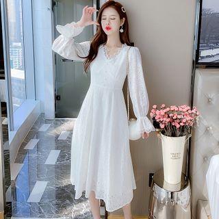 Long-sleeve Lace Panel Ruffled Dress