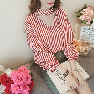 Cut Out Front Elbow-sleeve Striped Blouse