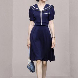 Set: Short-sleeve Collared Zip-up Top + A-line Skirt