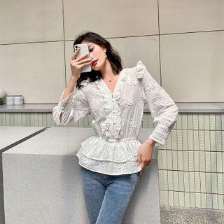 Puff-sleeve Floral Embroidered Ruffled Blouse