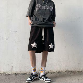 Drawstring Waist Star Print Corduroy Wide-leg Shorts