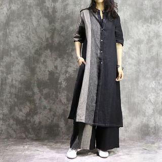 Set: Color Block Long Shirt + Wide-leg Pants