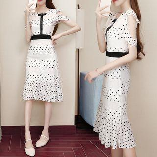 Cold-shoulder Midi Dotted A-line Dress