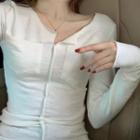 Split-neck Pocket Detail Long-sleeve T-shirt White - One Size