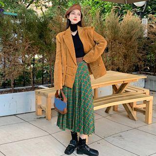 Corduroy Blazer / Plaid Midi A-line Skirt / Mock-neck Top