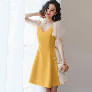 Rhinestone Short-sleeve Mesh Panel A-line Dress