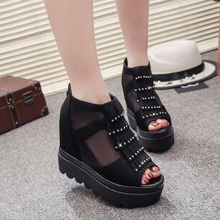 Fringed Tulle Panel Wedge Sandals