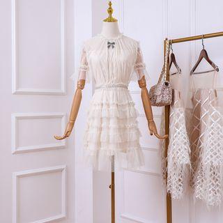 Bell-sleeve Mini Mesh Layered Dress