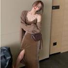 Buttonless Loose-fit Cardigan / Velvet Sleeveless Dress