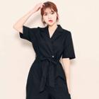 Notched-lapel Linen Blend Jumpsuit With Sash