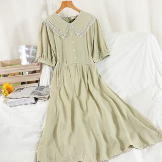 Short-sleeve Lace Trim Layered Collar Midi A-line Dress