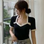 Short-sleeve Sweetheart Neckline Contrast Trim Top Black - One Size