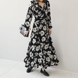 Floral Pattern A-line Maxi Wrap Dress