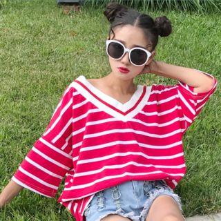 Striped V-neck 3/4-sleeve Long T-shirt