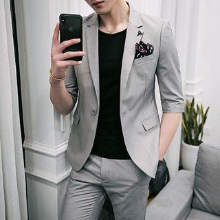 Set: Plain Elbow-sleeve Blazer + Dress Pants