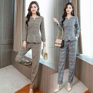 Set: Plaid Long-sleeve Peplum Top + Dress Pants