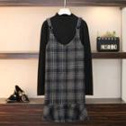 Set: Plain Mock Neck Long-sleeve Knit Top + Plaid A-line Jumper Dress