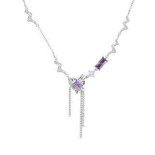 Heart Rhinestone Pendant Alloy Necklace Purple Rhinestone - Silver - One Size