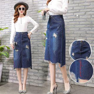 Ripped Letter Embroidered Midi A-line Denim Skirt