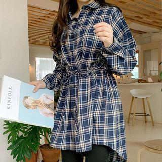 Plus Size Drawstring-waist Long Plaid Shirt