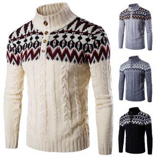 Patterned Panel Cable-knit High Neck Sweater