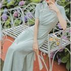 Short-sleeve Lace Trim Maxi Sheath Dress