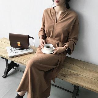 Open-placket Maxi Knit Dress With Sash