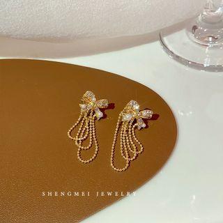 Rhinestone Butterfly Fringed Stud Earring 1 Pair - Earrings - Faux Pearl Bow - Tassel - Silver - One Size