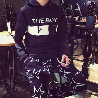 Set: Lettering Hood Pullover + Star Print Sweatpants