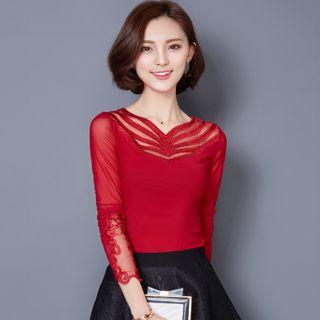 Embellished Mesh Panel Long-sleeve Top