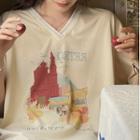 Elbow-sleeve V-neck Graphic T-shirt