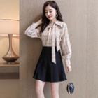 Set: Long-sleeve Plaid Blouse + Mini Pleated Skirt