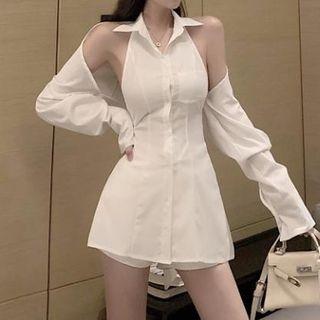 Set: Open Back Sleeveless Shirt + Cape White - One Size