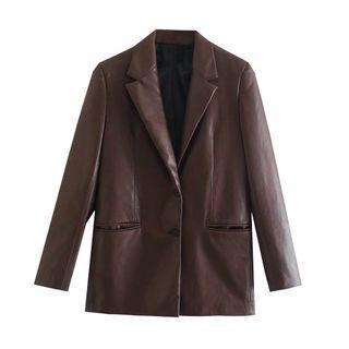 Plain Single-breasted Faux Leather Blazer