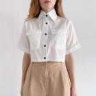 Short Sleeve Stand-collar Plain Crop Shirt